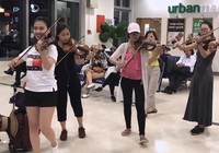 Nhóm bạn trẻ ngẫu hứng chơi đàn violon tại sân bay