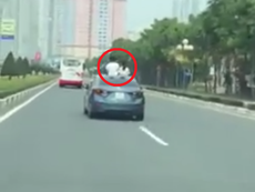 Để 2 trẻ nhỏ đứng ở cửa sổ trời ô tô chạy trên xa lộ