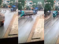 Xe tải thót tim vì cú Driff kinh hoàng của xe ben