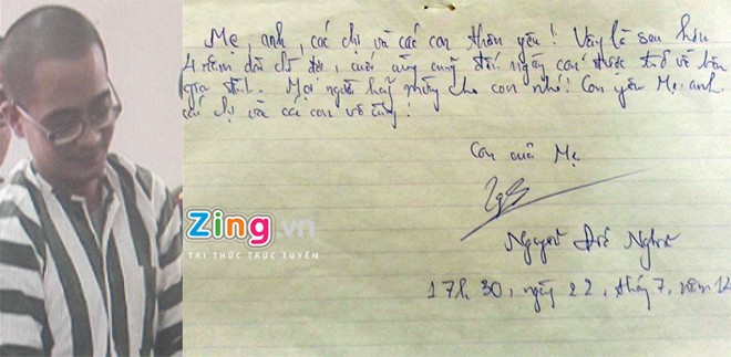 Tử tù Nguyễn Đức Nghĩa viết gì trong lá thư trước giờ thi hành án?
