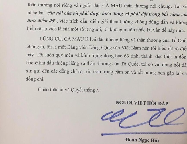 Ông Đoàn Ngọc Hải gửi thư hồi đáp Ban Tuyên giáo Cà Mau