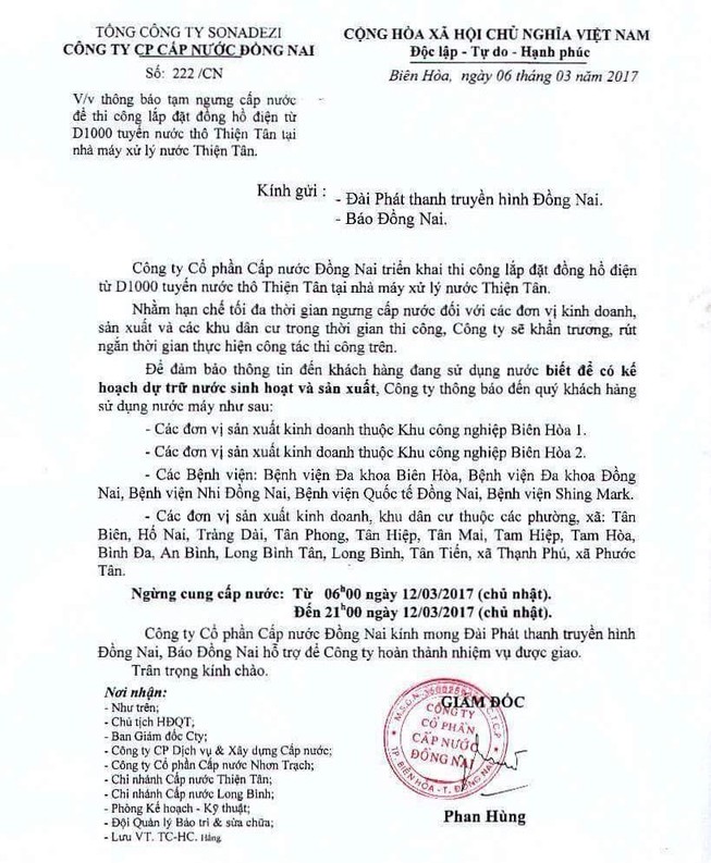Biên Hòa sẽ cúp nước trên diện rộng