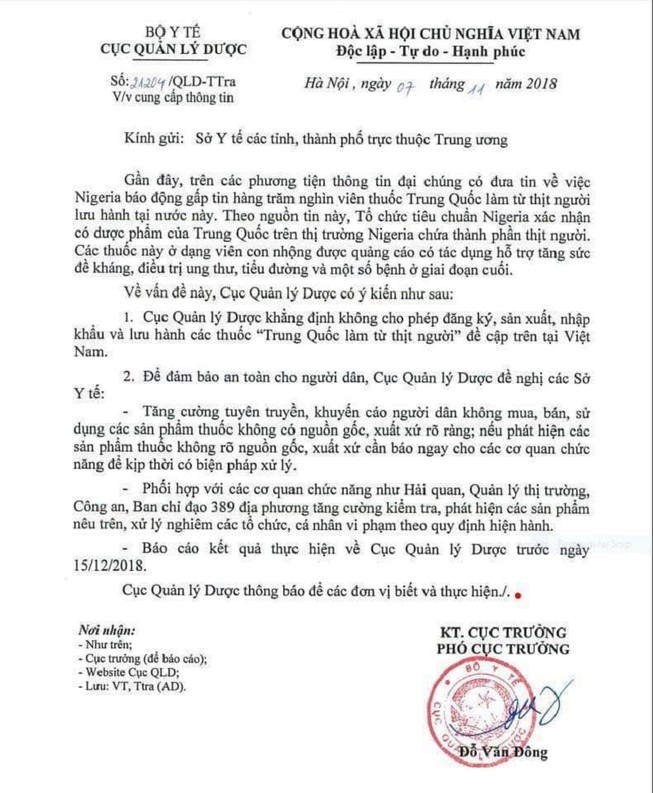 Bộ Y tế nói về thuốc 'làm từ thịt người' của Trung Quốc