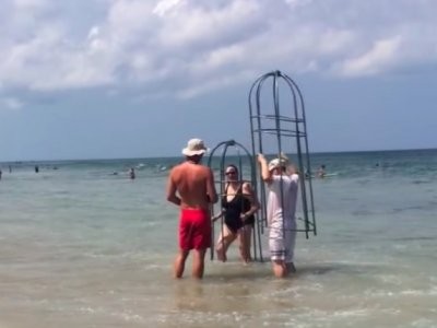 Đeo lồng sắt tự chế tắm biển phòng cá mập tấn công