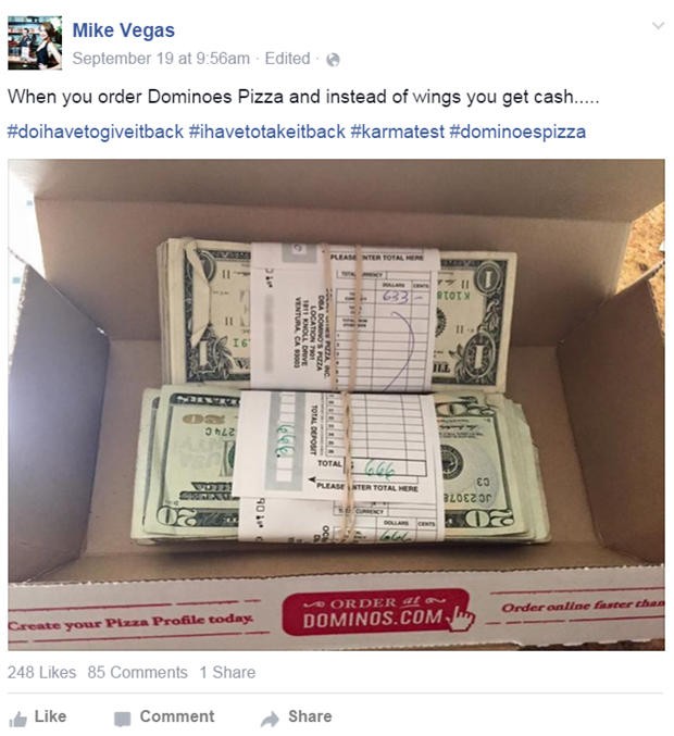 Bất ngờ thấy trong hộp bánh pizza gần 1300 USD