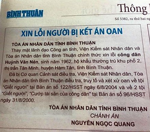 Đăng báo ‘xin lỗi’ ông Huỳnh Văn Nén