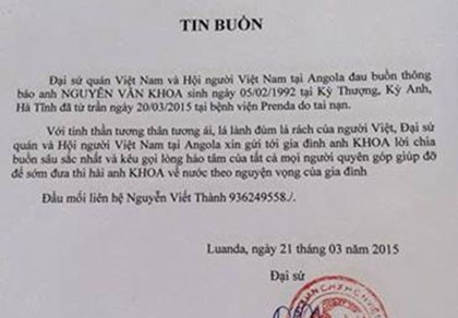 Đưa thi thể lao động 'chui' tử vong ở Angola về quê nhà