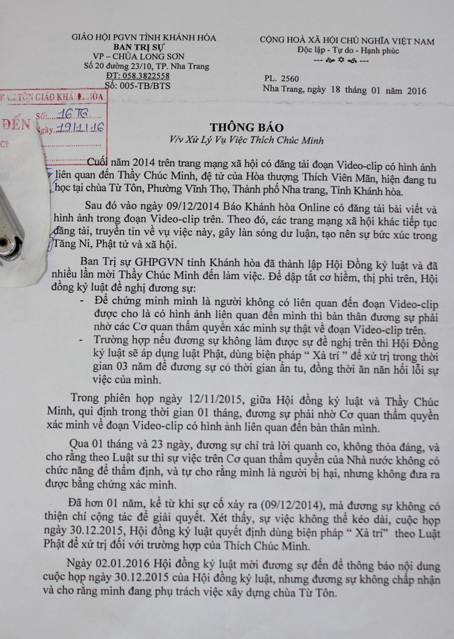 Không chấp nhận ông Thích Chúc Minh là thành viên tăng