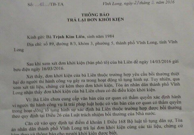 Tòa trả lại đơn yêu cầu bồi thường gần 4 tỉ đồng