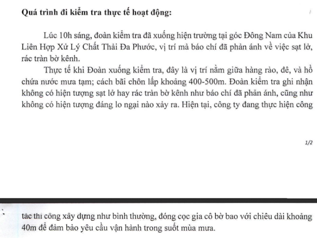 'Không có hiện tượng sạt lở tại Nhà máy rác Đa Phước'