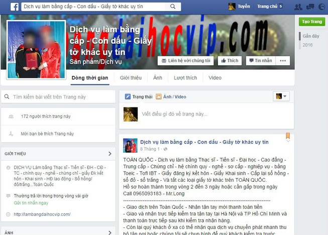 Dịch vụ làm bằng, giấy tờ giả tràn lan trên Facebook