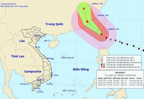 Chiều nay, siêu bão Meranti đi vào biển Đông với sức gió cấp 16