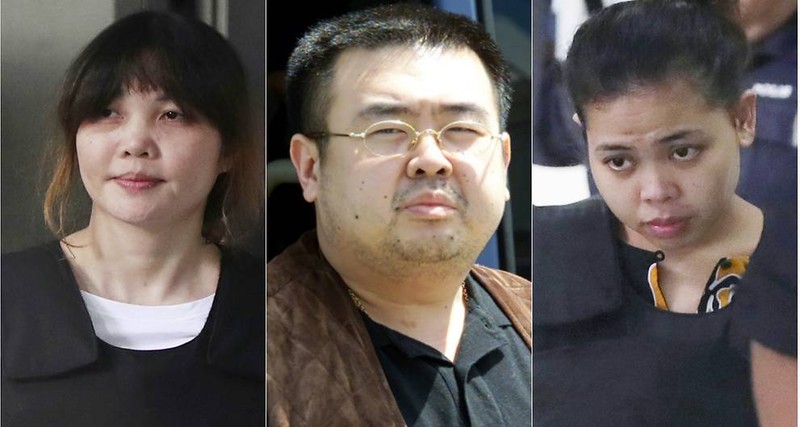 Hai bị cáo Đoàn Thị Hương (trái), Siti Aisyah (phải) và ông Kim Jong-nam (giữa). Ảnh: AFP