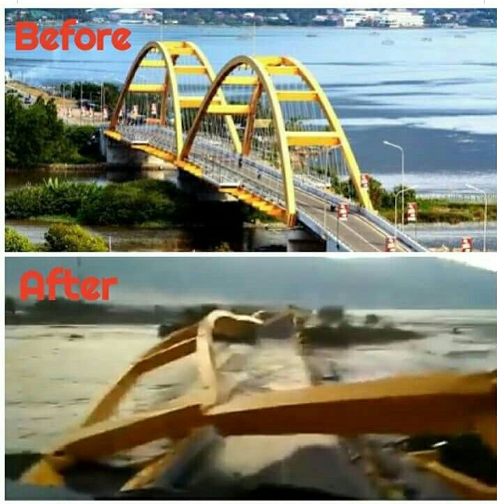 Hình ảnh cây cầu biểu tượng ở Donggala trước và sau khi hứng động đất, sóng thần. Ảnh: TWITTER 