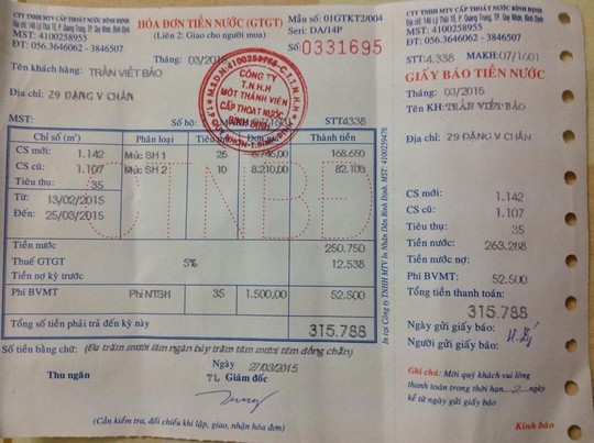 Hóa đơn tiền nước Hóa đơn tiền nước