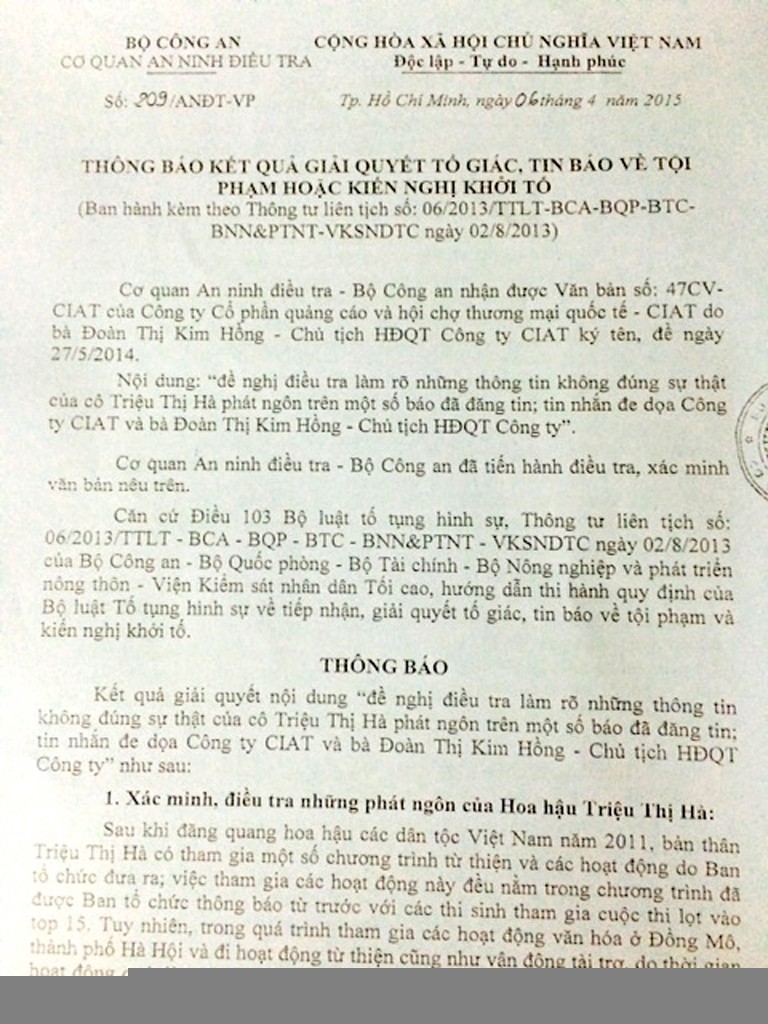 Triệu Thị Hà không bị xử lý hình sự