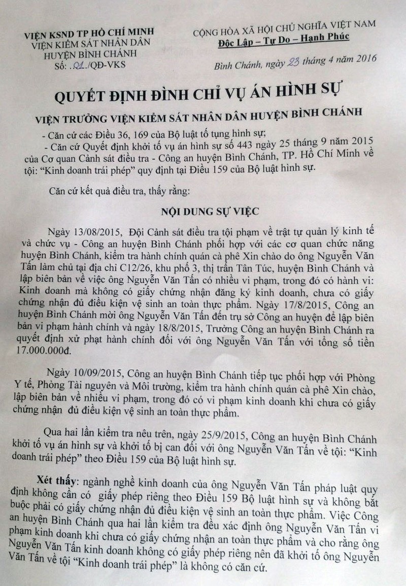 Trao quyết định minh oan cho chủ quán Xin Chào - ảnh 1