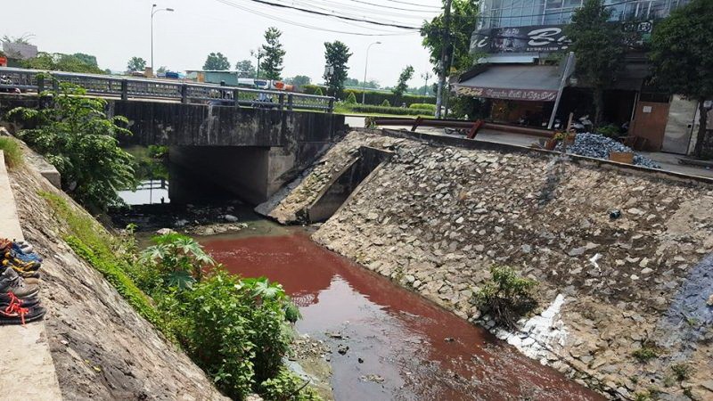 Nước kênh gần sân bay Tân Sơn Nhất có màu đỏ lòm.
