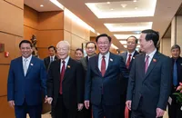 Tổng Bí thư Nguyễn Phú Trọng, Chủ tịch nước Võ Văn Thưởng, Chủ tịch Quốc hội Vương Đình Huệ, Thủ tướng Phạm Minh Chính cùng các lãnh đạo Đảng, Nhà nước đến dự phiên khai mạc kỳ họp thứ sáu, Quốc hội khóa XV. Ảnh: QH
