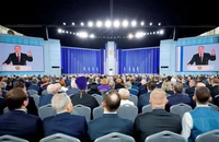 Tổng thống Nga Vladimir Putin phát biểu trước Quốc hội Liên bang vào ngày 21-2. Ảnh: Dmitry Astakhov/ĐIỆN KREMLIN/SPUTNIK