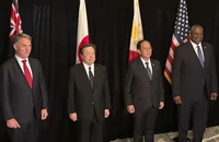 (Từ trái sang phải) Bộ trưởng Quốc phòng Úc Richard Marles, Bộ trưởng Quốc phòng Nhật Yasukazu Hamada, Bộ trưởng Quốc phòng Philippines - ông Carlito Galvez và Bộ trưởng Quốc phòng Mỹ Lloyd Austin. Ảnh: KYODO NEWS