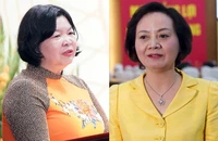Bà Cao Xuân Thu Vân, Phó Chủ tịch UBND tỉnh Bạc Liêu (trái) và Bộ trưởng Bộ Nội vụ Phạm Thị Thanh Trà tại hội nghị sáng 25-5.