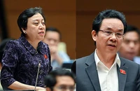 Đại biểu Phạm Khánh Phong Lan (trái) và đại biểu Hoàng Văn Cường phát biểu tại nghị trường.