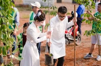 Cô dâu và chú rể cùng tham gia trồng cây trong ngày cưới