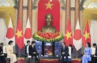 Chủ tịch nước Võ Văn Thưởng và Phu nhân tiếp Hoàng Thái tử Akishino và Công nương Nhật Bản. Ảnh: TTXVN.