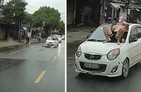 Bị đòi lại xe, con rể cởi trần nằm trên nắp capo nhưng bố vợ vẫn lái xe chạy