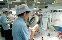 Công nhân sản xuất các chi tiết cơ khí tại Công ty TNHH Nidec Tosok Việt Nam trong Khu chế xuất Tân Thuận (TP.HCM).