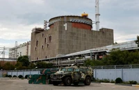 Xe bọc thép vượt địa hình của Nga đậu bên ngoài nhà máy điện hạt nhân Zaporizhzhia. ẢNH: REUTERS