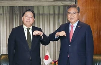 Bộ trưởng Bộ Ngoại giao Nhật Yoshimasa Hayashi (trái) và Bộ trưởng Ngoại giao Hàn Quốc Park Jin hội đàm tại New York vào ngày 19-9. Ảnh: BỘ NGOẠI GIAO NHẬT