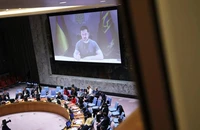 Tổng thống Ukraine - ông Volodymyr Zelensky phát biểu trong cuộc họp của Hội đồng Bảo an Liên Hợp Quốc thông qua video ngày 27-9. Ảnh: RT