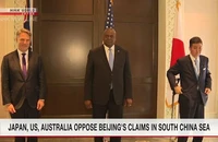 (Từ trái sang): Bộ trưởng Bộ Quốc phòng Úc – ông Richard Marles, Bộ trưởng Quốc phòng Mỹ - ông Lloyd Austin và Bộ trưởng Quốc phòng Nhật – ông Kishi Nobuo. Ảnh: NHK