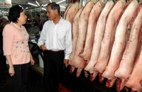Bà Phạm Khánh Phong Lan, Trưởng ban Quản lý An toàn thực phẩm TP.HCM, kiểm tra hoạt động kinh doanh tại chợ đầu mối Hóc Môn. Ảnh: TRẦN NGỌC