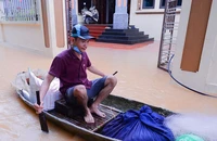 Nước sông gây ngập lụt ở huyện Chương Mỹ, người dân chèo thuyền đi lại