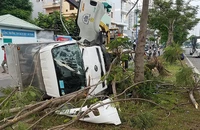 Xe tải tông bật gốc cây xanh, lật nhào trên đường Võ Văn Kiệt