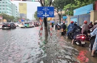 Đường Nguyễn Văn Linh đoạn giao với Hàm Nghi ngập sâu trong nước. Ảnh: MINH TRƯỜNG.