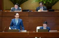 Bộ trưởng Bộ Ngoại giao Bùi Thanh Sơn (đứng) trả lời chất vấn các đại biểu vào chiều 18-3.