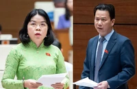 Đại biểu Nguyễn Thị Ngọc Xuân (đoàn Bình Dương) và Bộ trưởng Bộ TN&MT Đặng Quốc Khánh tại phiên thảo luận chiều 21-6.
