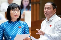 Đại biểu Nguyễn Thị Việt Nga (đoàn Hải Dương) và Bộ trưởng Bộ VH-TT&DL Nguyễn Văn Hùng tại phiên thảo luận về chủ trương đầu tư Chương trình mục tiêu quốc gia về phát triển văn hóa.