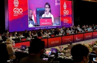 Ngoại trưởng Indonesia - bà Retno Marsudi có bài phát biểu trong hội nghị bộ trưởng ngoại giao G20 ở Bali (Indonesia) ngày 8-7.