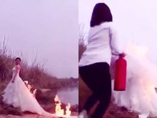 Clip: Cô dâu đốt váy tạo dáng chụp ảnh cưới gây xôn xao