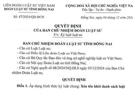 1 luật sư bị xoá tên khỏi danh sách của Đoàn luật sư tỉnh Đồng Nai
