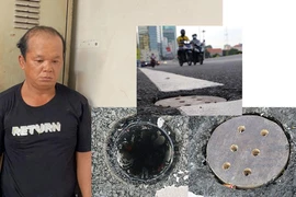 Nghi phạm Nguyễn Văn Thái trộm hàng loạt nắp chắn rác trên cầu Thủ Thiêm 2 và đơn vị thi công phải thay bằng nắp gỗ.