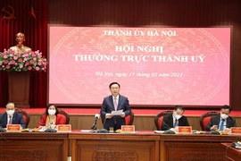 Bí thư Thành uỷ Hà Nội Vương Đình Huệ tại cuộc họp. Ảnh: TP