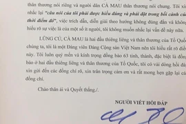 Ông Đoàn Ngọc Hải gửi thư hồi đáp Ban Tuyên giáo Cà Mau
