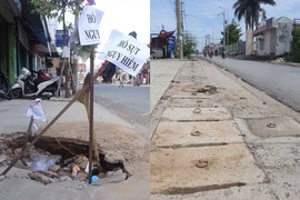 Đắp lại vỉa hè sụt lún