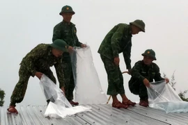 Bộ đội giúp dân chằng nhà chống bão Trà Mi